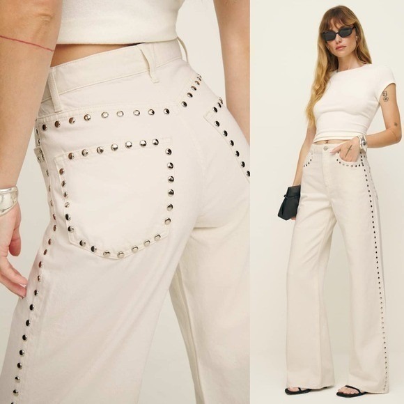 NWT Reformation Cary High Rise Slouchy Wide Leg Jeans Cream Studded Size 23